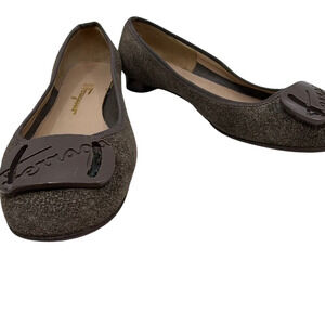 Salvatore Ferragamo Script Buckle Gray Textured Fabric Flat